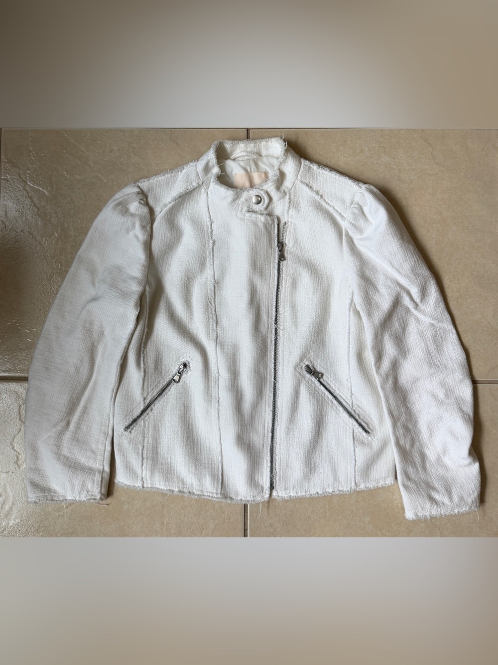 Rebecca Taylor White Tweed Knit Moto Jacket Full Zip Fringe Size 6 Cotton Blend